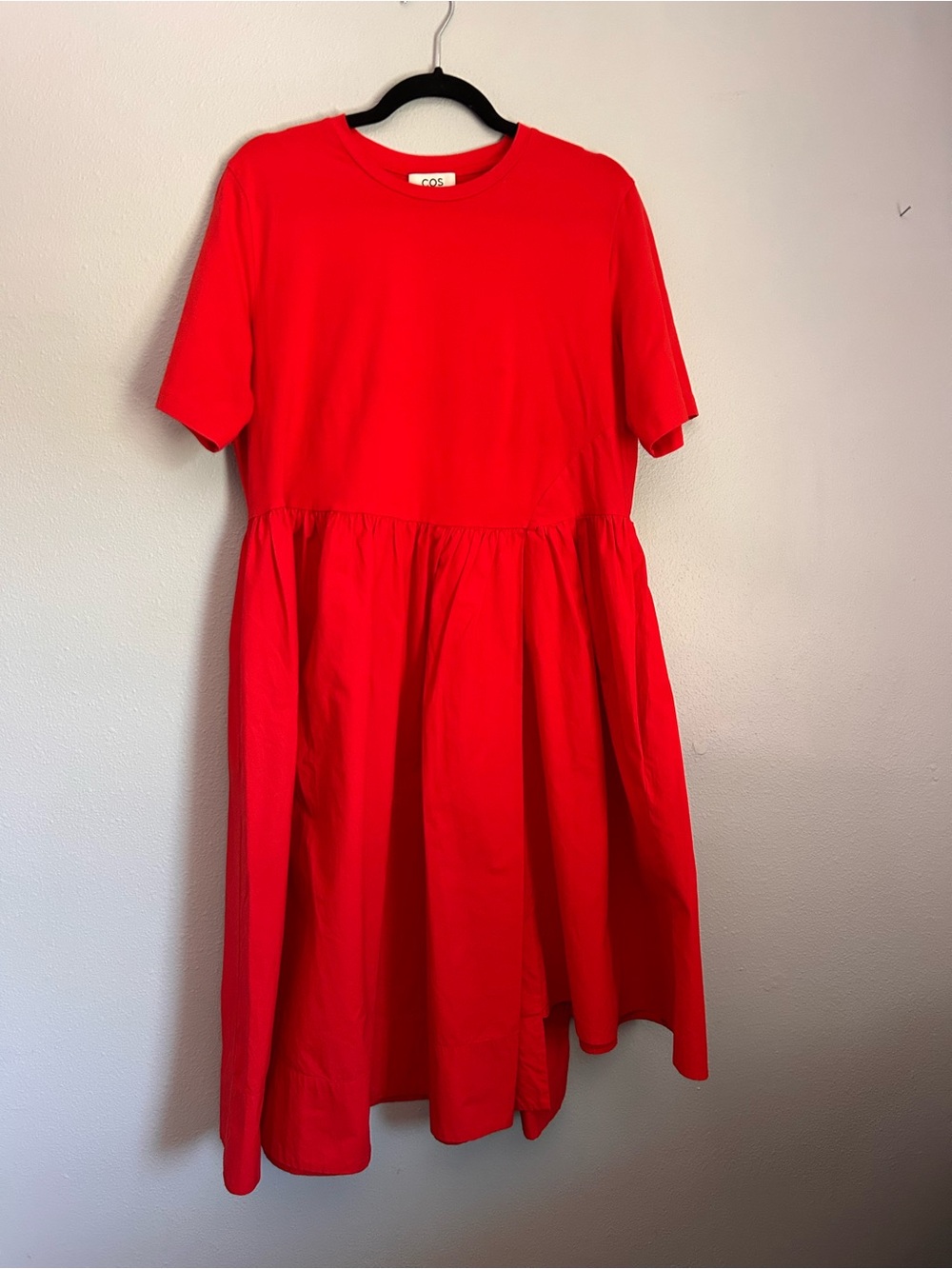 COS Red Short-Sleeve Midi Dress with Gathered Asymmetrical Skirt